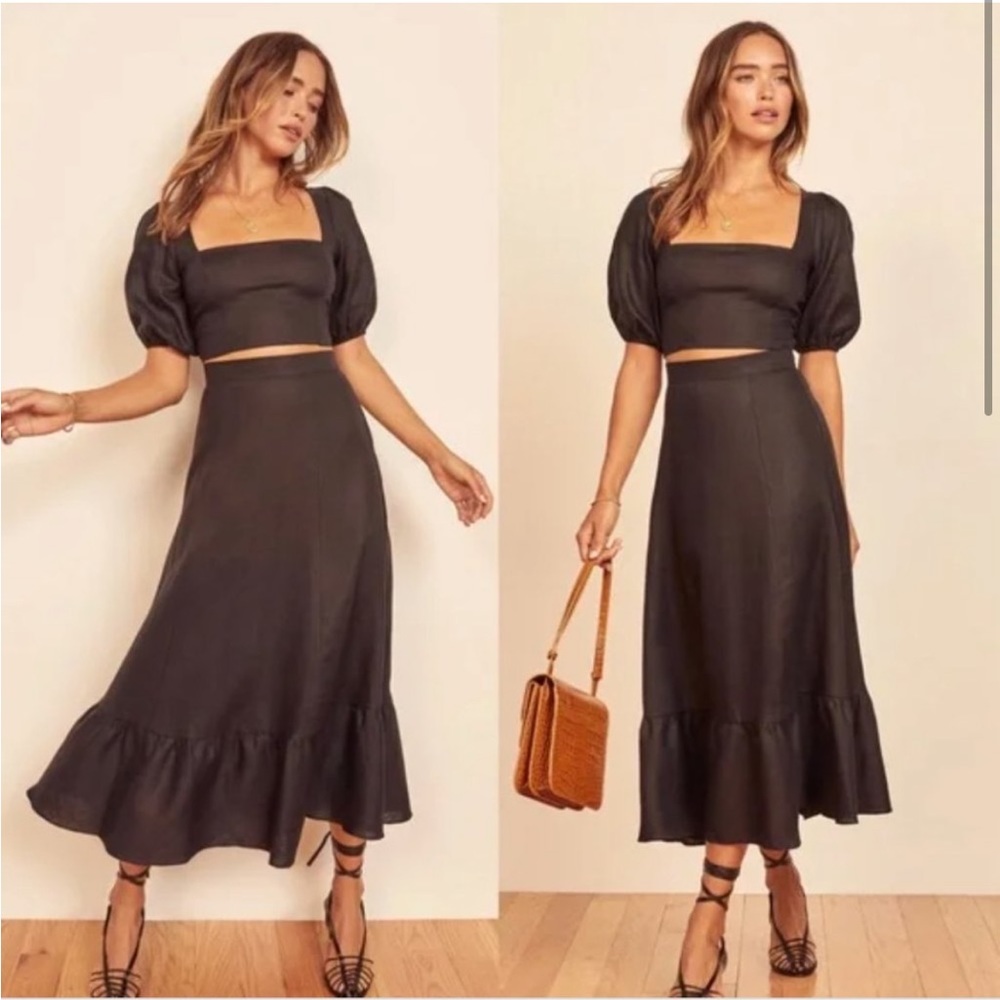 Reformation Yucca black linen midi Skirt